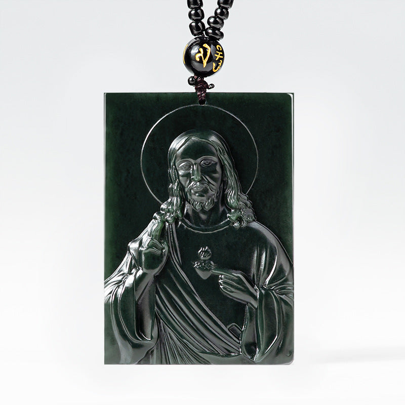 Genuine natural old material Hetian jade ink jade Jesus faith jade pendant jade pendant male and female pendant jade brand wholesale Hetian jade