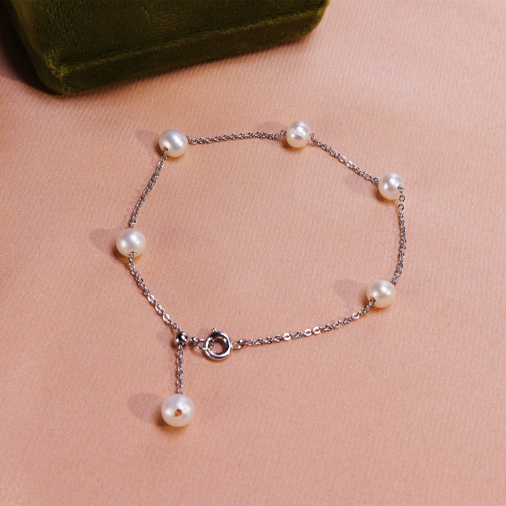 Factory Direct Supply Freshwater Pearl Bracelet New Fashion Copper White Gold Plated 6mm Nearly round Beads Bracelet Wholesale Delivery pearl bracelet