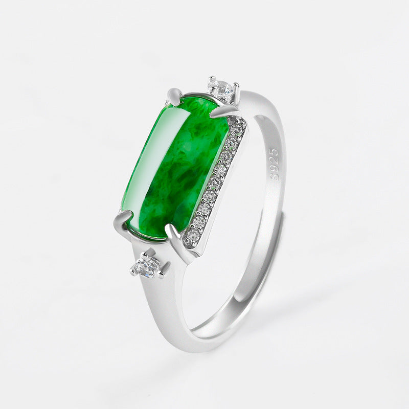 S925 Silver Natural a Cargo Emerald Green Saddle Ring Ice Jade Stone Ring Fashion Ring Men's and Women's Adjustable Jade Rings