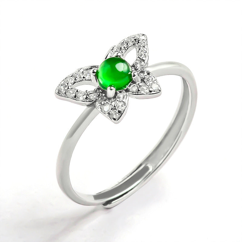 S925 Silver Inlaid Natural a Cargo Jade Butterfly Yang Green Ice Jade Stone Ring Fashion Ring Women's Adjustable Jade Rings