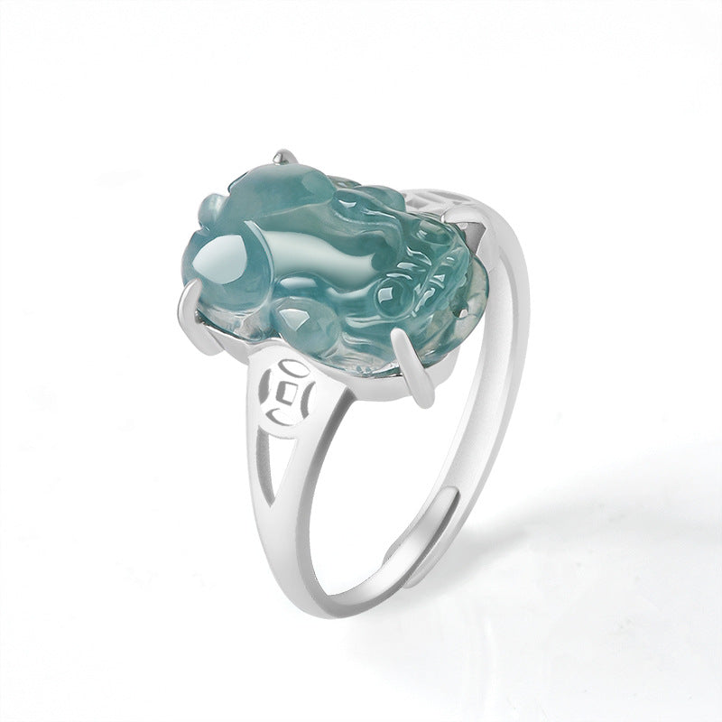 S925 Silver Inlay Natural a Cargo Jade Blue Water Pixiu Ring Ice Jade Men's and Women's Fashion Ring Adjustable Jade Rings