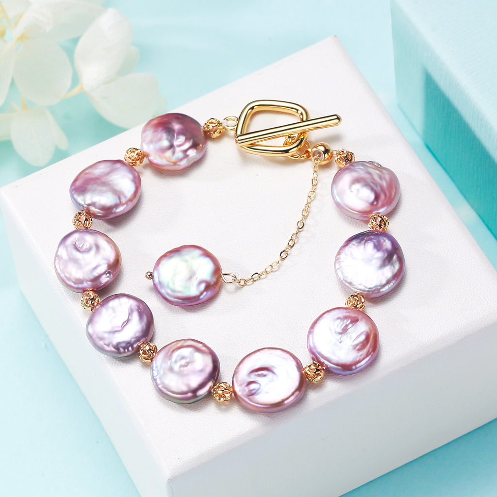 Factory Direct Supply Freshwater Baroque round Purple Button Pearl Bracelet Girls OT Buckle Design Bracelet Ornament pearl bracelet