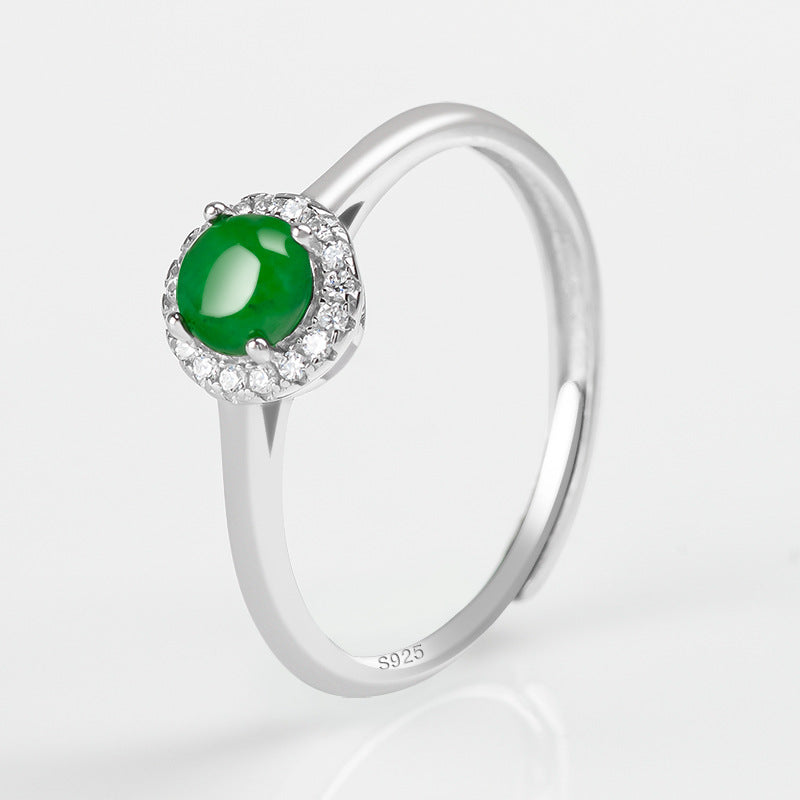 S925 Silver Inlaid Natural a Cargo Emerald Green Ice Jade Stone Ring Fashion Men's Ring Women's Adjustable Jade Rings