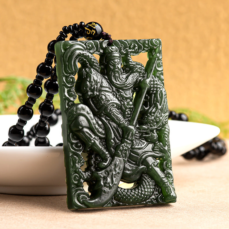 Natural old material Hetian jade ink jade Shenlong Guan Gong jade pendant domineering men's pendant jade brand high-end wholesale Hetian jade