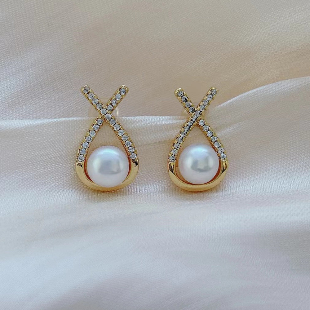 SOURCE Manufacturer French Cross Pearl Earrings Women's New Light Luxury High-Grade Earrings Niche Design Earrings Wholesale Pearl earrings